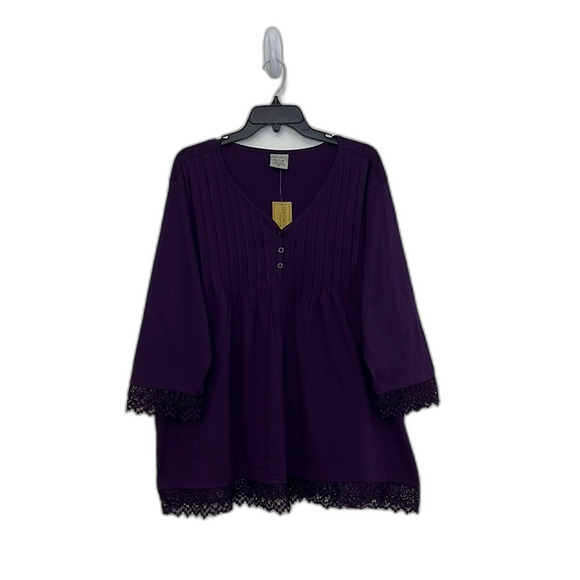 Gold Coast Always in Style Purple Lace Hem Henley Cotton Blouse Women's XXL - Picture 1 of 13